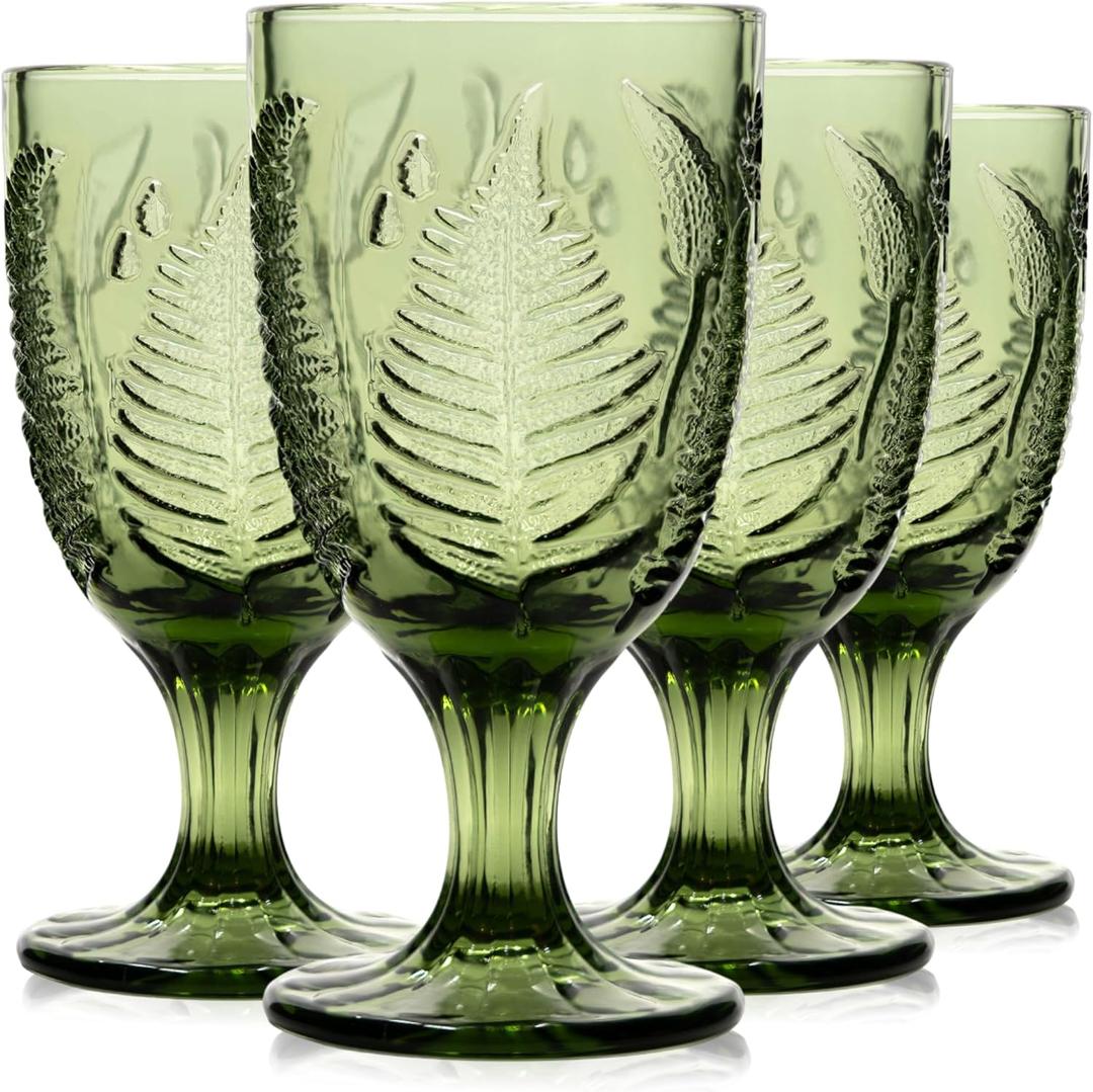 Green Glass Goblets Set of 4, 10 oz Stemmed Glasses, Hand-Pressed Vintage Glassware, Fern Embossed Colored Stemware, Boho Aesthetic Textured Drinkware, Retro Home Decor Gift Set for Housewarming
