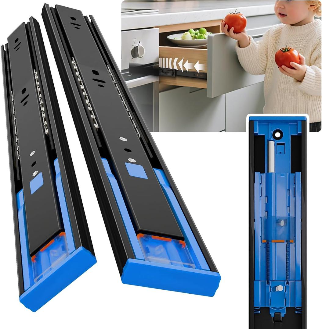 Push to Open Soft Close Drawer Slides 1 Pair 14 Inch 100 LB Load Capacity Side Mount 2/3 Full Extension Cabinet Runner Ball Bearing Kitchen Dresser GlideBlack,14inch