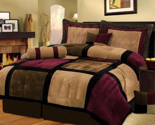 7-Piece King Comforter Set – Luxury Burgundy, Brown, and Black Micro Suede Bed in a Bag – Contemporary Color Block Patchwork Bedding Ensemble with 3 Decorative Accent Pillows & Tailored Bed Skirt