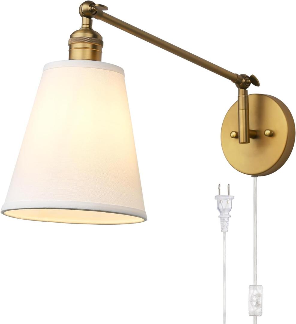 PERMO Retro Swing Arm Wall Sconce Plug in Wall Lamp Single Sconce Light Fixture with White Fabric Shade for Bedroom, Living Room, Office (Antique Gold)