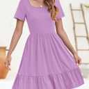 YOVION Girls Summer Dress Square Neck Short Sleeve Casual Loose Ruffle Tiered Dresses with Pockets for 8-9 Y (Purple)