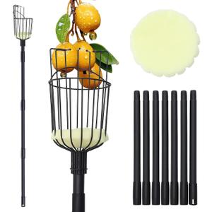Fruit Picker Pole with Basket - 8.43FT(257CM) Adjustable Tree Gardening Supplies with Stainless Steel Handle Apple Picker Fruit Grabber Reach Tool for Mango Pear Orange Avocados Fruit Picking, Black