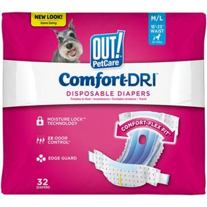 Out! PetCare Disposable Dog Diapers Female, Potty Training, Dog Diapers, Female Doggie in Heat, Puppy Training, Incontinence, Puppy Essentials 18-25 Waist (M/L, 32ct)