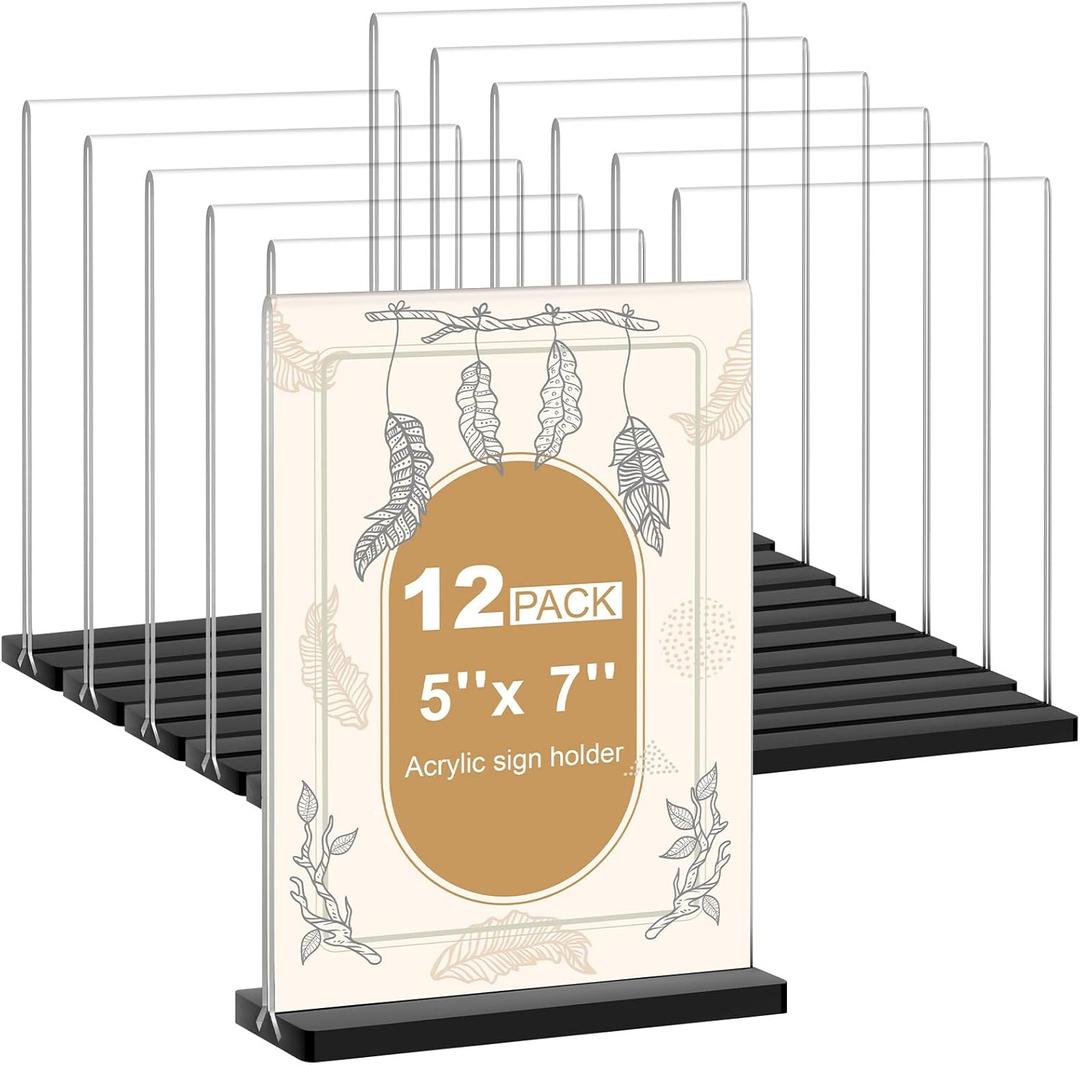 Acrylic Sign Holder 5x7, 12 Pack Double Sided Clear Display Stand with Black Base, T-Shape Table Number Holders, Plastic Picture Frames, Flyer Menu Brochure Sign Holder for Office, Show Fair, Restaurants