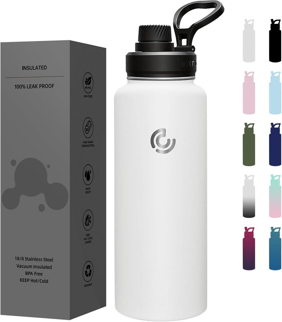 Sports Water Bottle 40oz, Insulated Water Bottle with Handle,Stainless Steel,Simple Modern,Suitable for Travel, School, Boy, Girl(White)