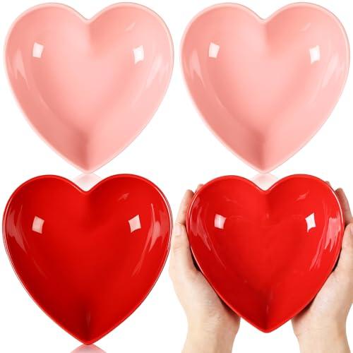 Reallnaive 4 Pcs 8 Inch Wedding Heart Shaped Cereal Bowls Set, Pink Red Wedding Ceramic Deep Heart Shaped Plates, Valentine Bowls for Women Food Serving Dessert Soup, Salad Fruit Gift(Red,Pink)