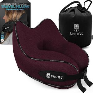 SNUGL Travel Pillow  Memory Foam Pillows - Neck Pillow for Airplane with Carry Bag & Clip  Neck Support Pillows for Pain Relief - Airplane Travel Essentials (Adult Regular - Dark Red)