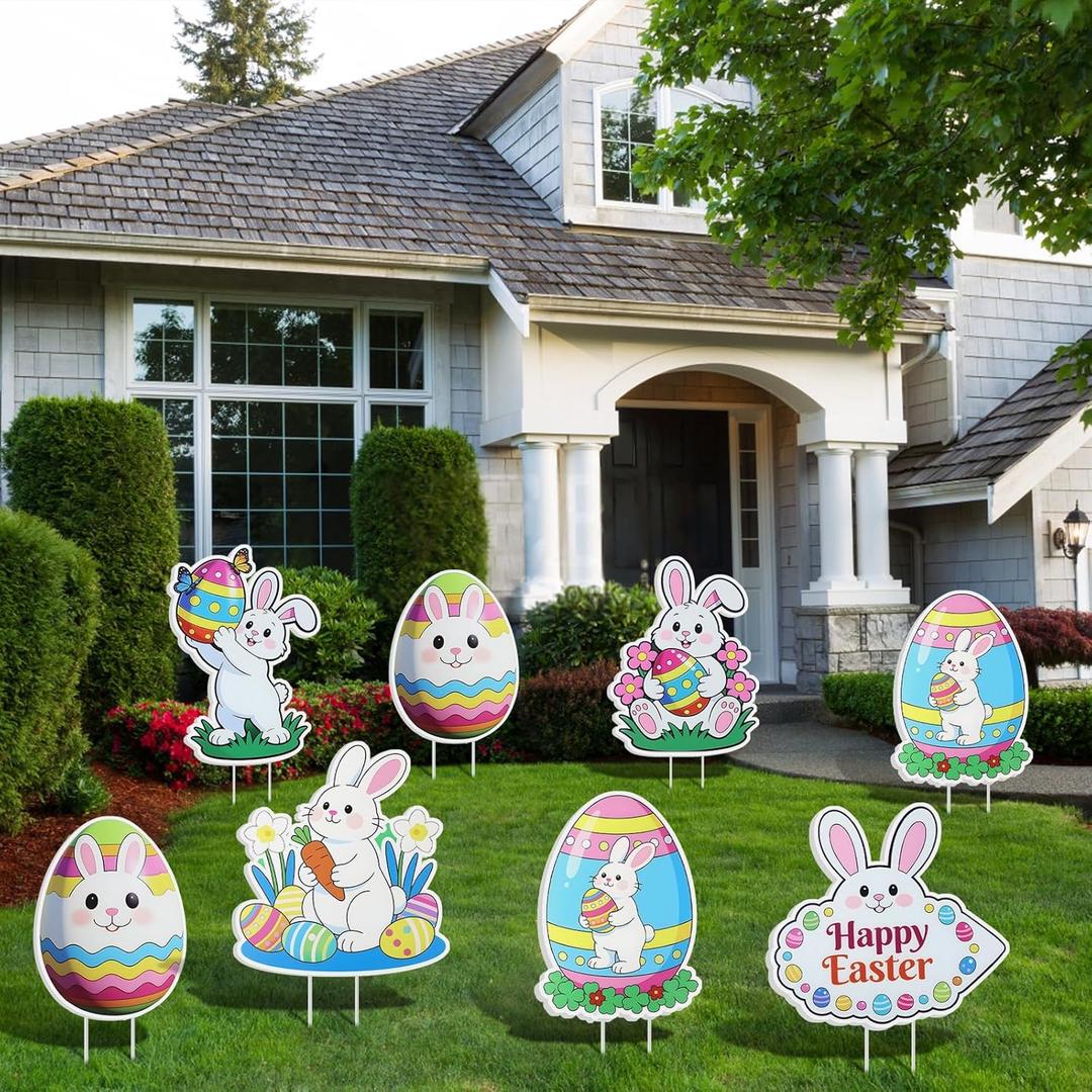 8 Pcs Easter Yard Decorations Outdoor,Easter Egg Decorations for Outside,Bunny Yard Sign with Stakes,Easters Party decor,Outdoor lawn decor Egg and bunny