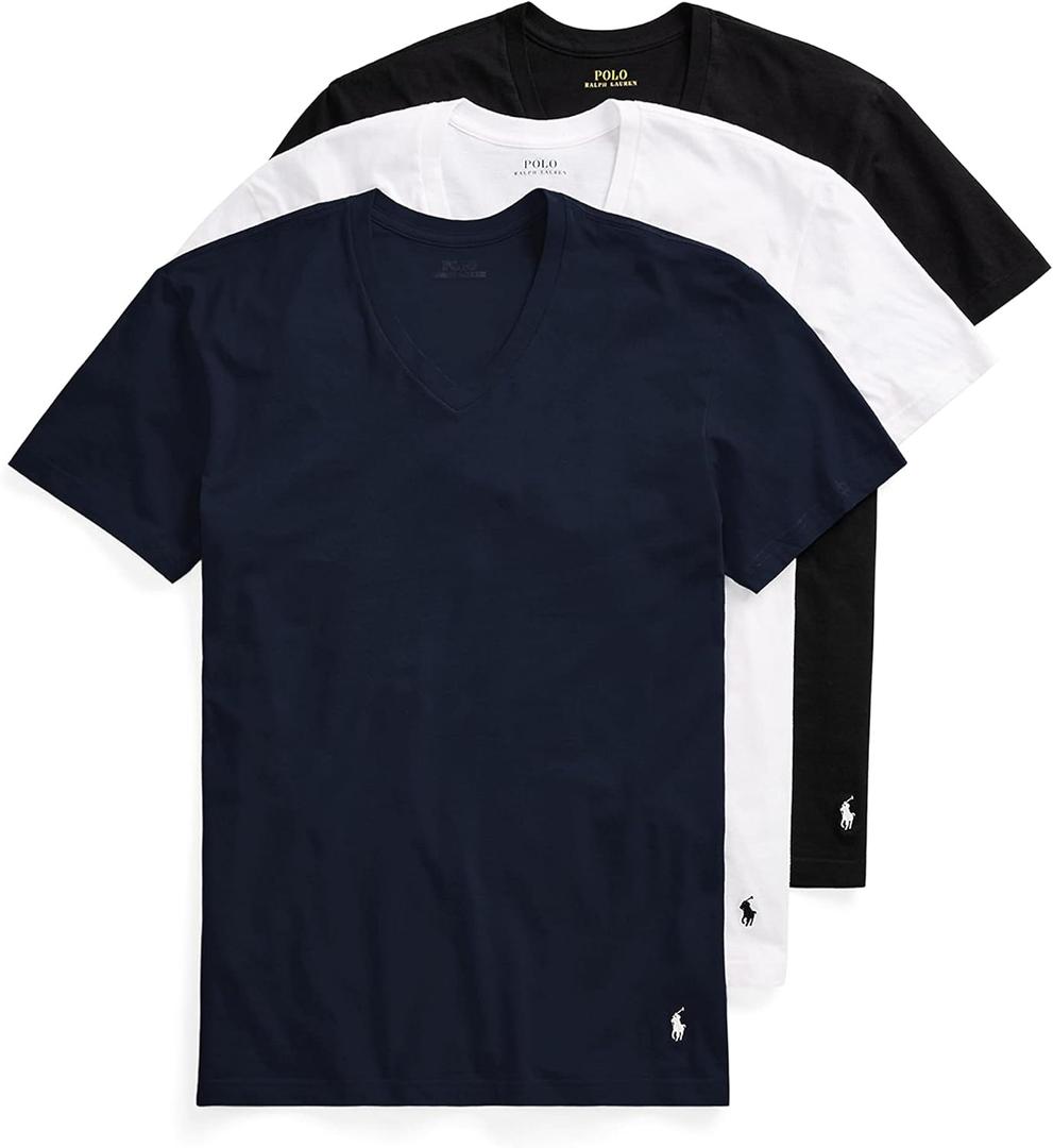 POLO RALPH LAUREN Men's Slim Fit Cotton V-Neck Tee, Cruise Navy/ White, White/ Cruise Navy, Polo Black/ White, Medium