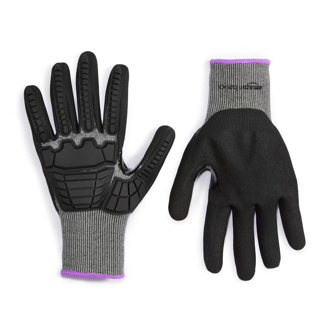 Amazon Basics Impact Protection Work Gloves, Cut Level A2, ANSI Level 4 Abrasion, Touchscreen Compatible, Sandy Nitrile Palm, 3X-Large, Black with Pink Edge