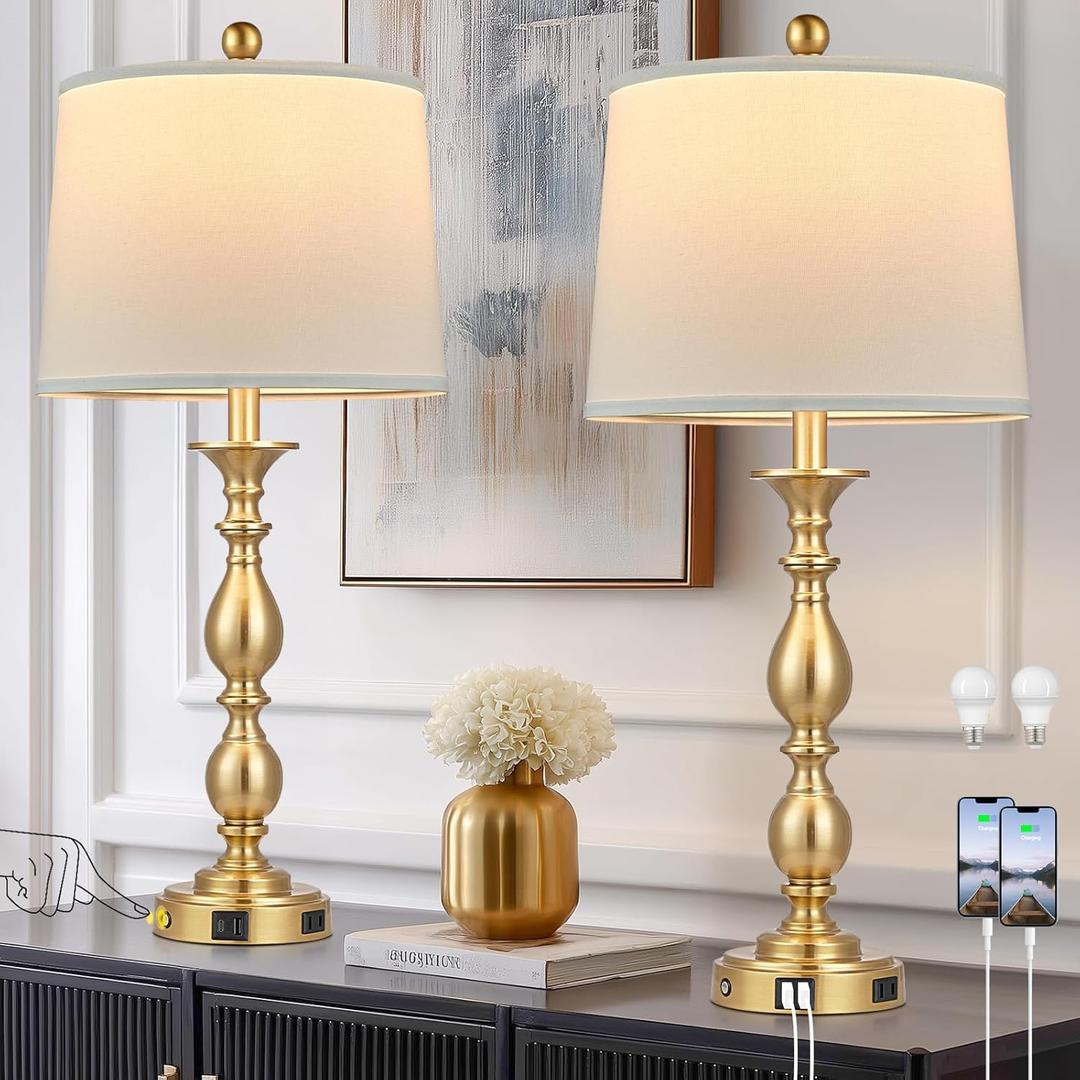 28" Tall Modern Table Lamps Set of 2 with USB A+C Ports and AC Outlet, 3 Way Touch Metal Bedside Lamps for Bedroom, Gold Farmhouse Nightstand Lamps for Living Room