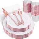 NOCCUR 175PCS Rose Gold Plastic Plates with Disposable Silverware - Include 25Dinner Plates, 25Dessert Plates, 25Forks, 25Knives, 25Spoons, 25Cups, 25Napkins for Wedding&Party