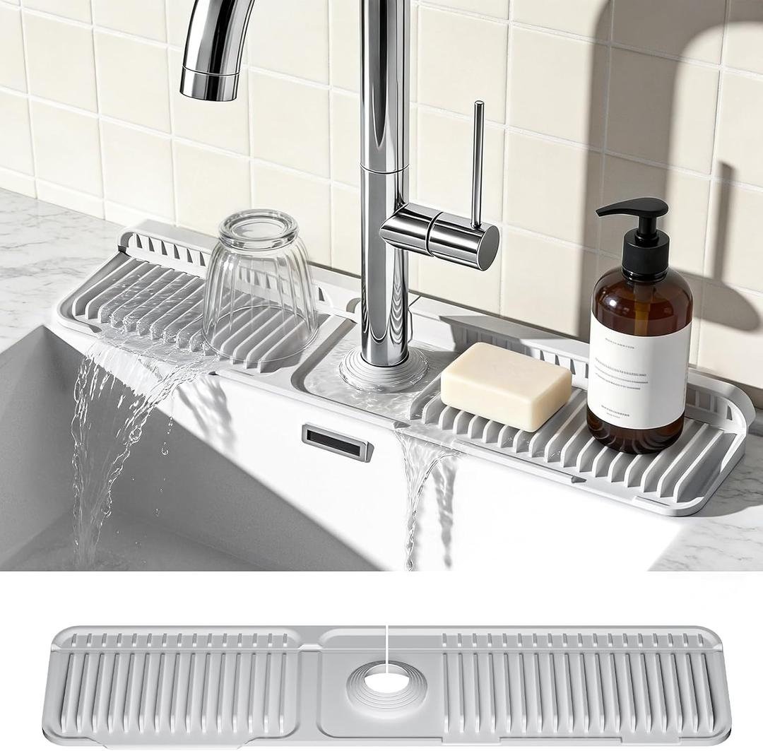 24 Inch Faucet Mat for Kitchen Sink, Silicone Splash Guard for Kitchen Sink Area, 7 Slope Fast Self-Draining Sink Mat, Cuttable Hole Design, Sink Backsplash Guard Draining Mat, Grey