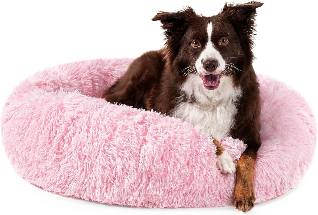 PetAmi Calming Dog Bed for Small Medium Dog Cat, Round Donut Dog Bed Washable, Fluffy Faux Fur Plush Cuddler Pet Kitten Cushion Bed, Anti-Slip, Fits up to 45 lbs, 30 inch, Pink