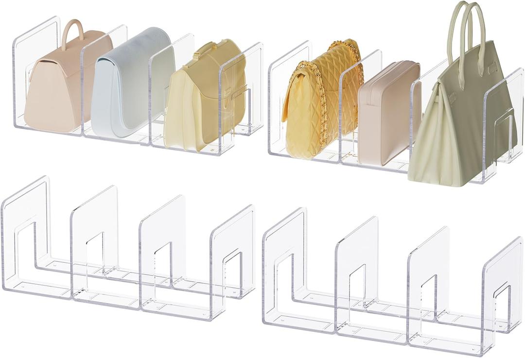 HBlife Purse Organizer for Closet, 3 Sections Widened Clear Handbag Storage Shelf Bag Organizer Acrylic Clutch Dividers for Closet Organizers and Storage, 4 Pack (Fits Up to 4.17 Inch Width Small Bag)