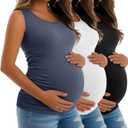 Riyiper 3 Pack Women's Maternity Tank Tops, Sleeveless Cotton Pregnancy Shirts Ribbed Knit Sides Ruched Basic Mama Clothes (Large, Black, White, Haze Blue)