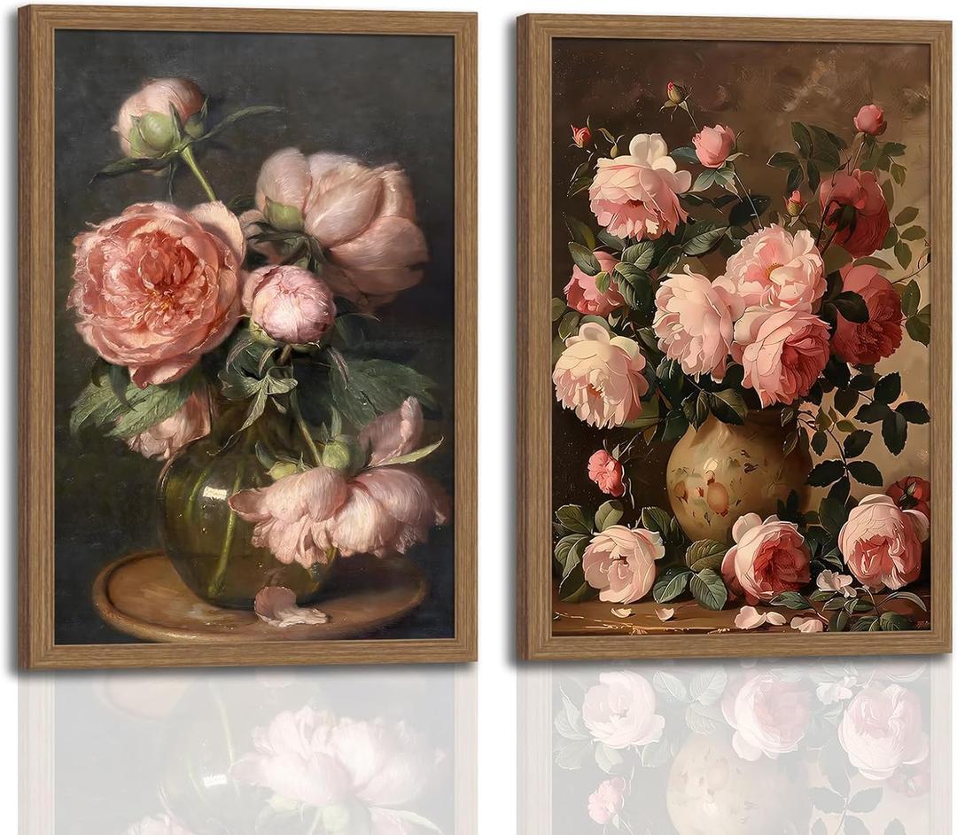 2Pcs Vintage Framed Wall Art Peony Wall Decor Pink Floral Canvas Prints Cottagecore Decor Rustic Farmhouse Pictures Artwork for Walls Living Room Bedroom Bathroom 12"x16" Ready to Hang