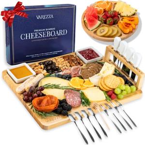 Large Charcuterie Boards Set: Bamboo Cheese Board and Knife Set- Unique for Mom 10 Entertaining Accessories, Wedding Gifts for Couple, House Warming New Home , Magentic Holder Cheeseboard