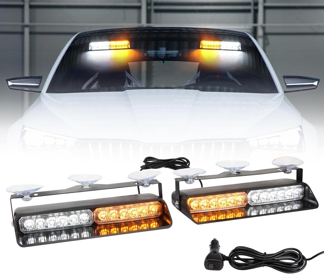 2-In-1 Amber & White LED Windshield Strobe Lights, 2 x 8.4 Inch Ca Interior Light, 26 Modes 12/24V Emergency Traffic Advisor Front/Rear Windshield Dash Strobe Lights for Trucks Vehicles