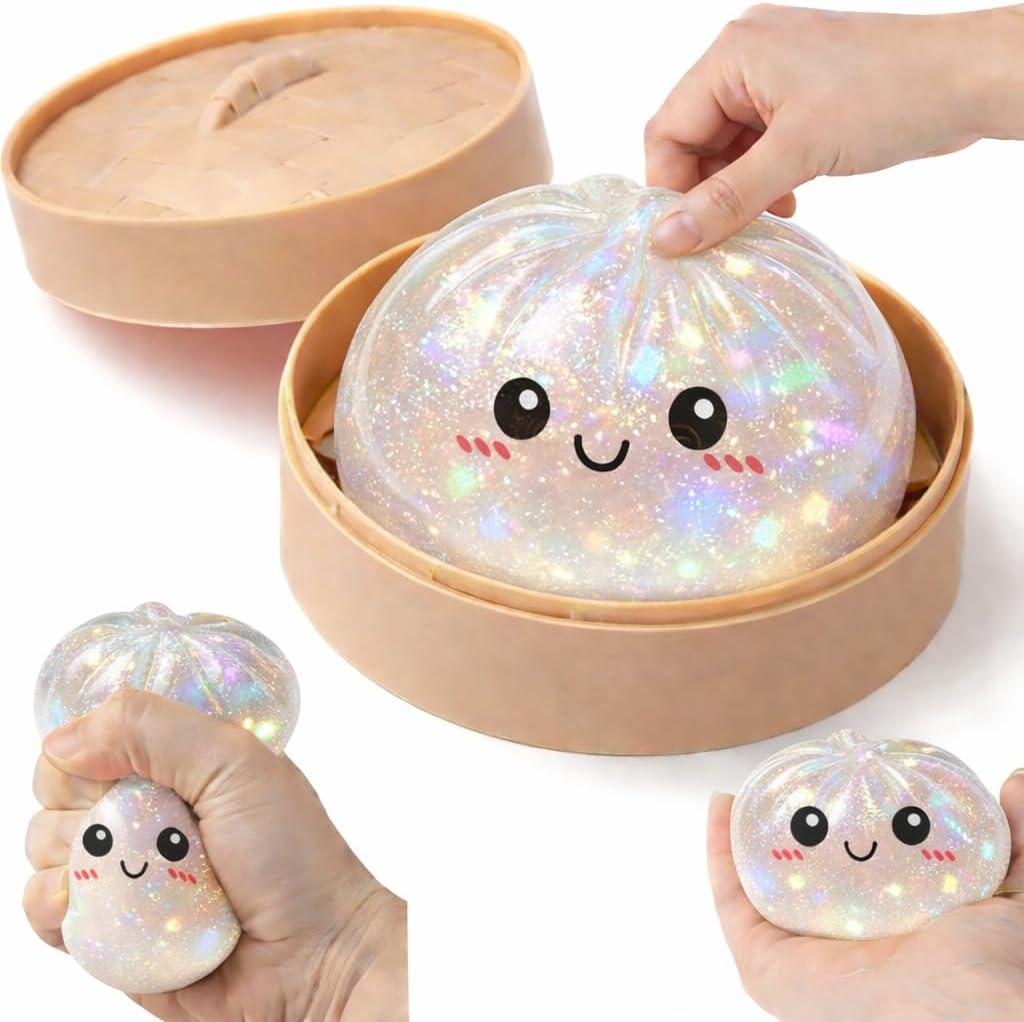Glitter Dumpling Squishy Box Real Squishy Dumplings Squishies Fidget Toys Adults & Teens Large Adults Anxiety Relief Squeeze Toy for Boys Girls Easter Basket Stuffers, Glitter White