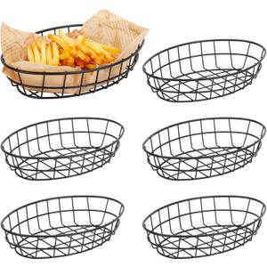 6 Pack Metal Fast Food Oval Baskets, Wire Bread Basket for Serving, Reusable Chip Burger Fruit Vegetables Bowl Storage for Kitchen Table, Restaurants, Snack Bar, 9.5" x 6.3" x 2"