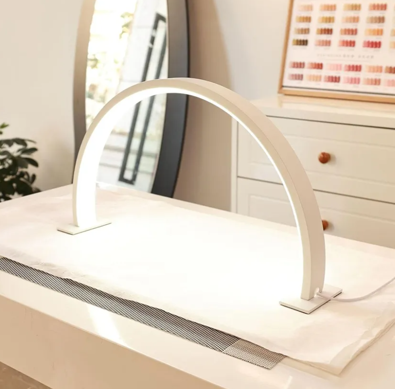 Yesibeike Half Moon Light for Nail Desk with Phone Stand,28 Inches 48W, 3 Color Temperature Adjustable & Dimmable for Eyelash Tech, Makeup, Tattoo, Spa, Salon，Manicure Nail Art Fill Light(White)