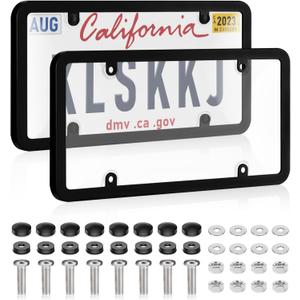2 Pack Clear License Plate Covers and Frames, License Plate Protector Unbreakable Plastic Shields Tag Holder Fits Standard US Plates with Screws Caps