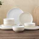 GBHOME 12 Pieces Ceramic Dinnerware Set, Modern White Dish Set for 4Scratch Resistant Smooth Plates and Bowls Sets Oven Safe Microwave & Dishwasher (Beige)