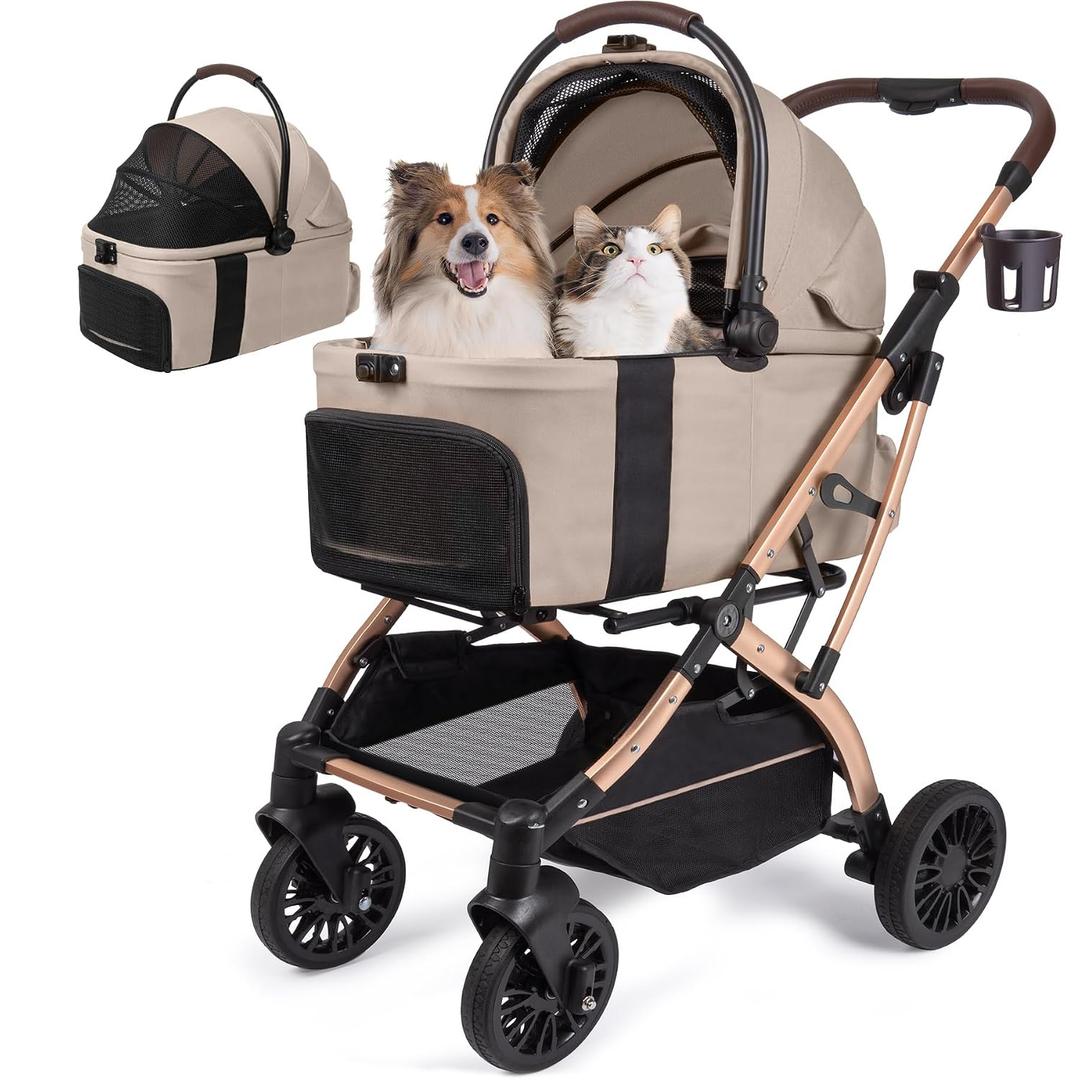 Small Dog Stroller, 5-in-1 Foldable Pet Stroller for Small Dogs Cats 10-20 lbs - 1-Click Fold Without Detaching Carrier, Removable Waterproof Carrier, All Terrain 4 Wheels for Outdoor Travel, Khaki