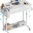 WINAZ Small White Portable Rolling Desk with Drawers & Storage Shelf, 32 Inch Mobile Standing Desk Adjustable Height with Wheels for Home Office, Kids Desks Couch Sofa Side Laptop Craft Table, 31.5"