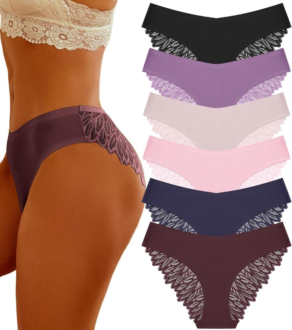 FINETOO 4 Pack Sexy Underwear for Women Silky Seamless No Show Panties Ladies Lace Bikini Lightweight Cheeky Hipster (Large, Black & Grape Purple & Dark Blue & Purple & Khaki & Pink)