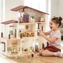 Lehoo Castle Wooden Dollhouse for Girls, Doll House with 5 Rooms DIY Play, 25"H x 23"L x 10"W