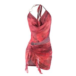 Novaorily Women Sexy Sheer Halterneck Mini Dress Hollow Out Colourful Mesh Floral Dress for Beach Party Night Red, Large