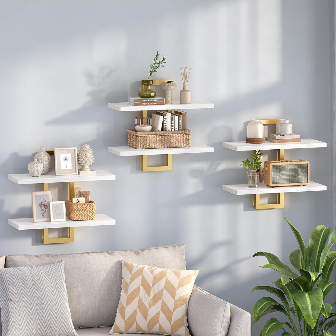 HOOBRO Floating Shelves, 15 Inch Wall Shelf Set of 3, Wall Mounted Storage Shelves 2-Tier, Hanging Bathroom Shelves, for Living Room, Bedroom, Bathroom, Kitchen, White and Gold DW32BJP301