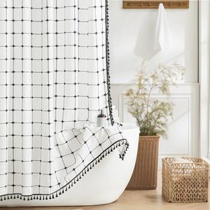 Yuanice Boho Farmhouse Shower Curtain, Linen Rustic Heavy Duty Fabric Shower Curtain Set with Tassels, Modern Bohemian Vintage Thick Cloth Shower Curtains for Bathroom, Waterproof, Black/White, 72x72
