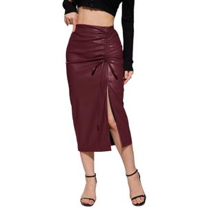 Women's Faux Leather Long Skirt High Waisted Asymmetrical Trendy Side Slit Work Pencil Midi Skirts for Women (Burgundy)