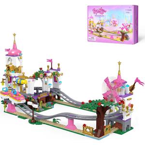 2 in 1 Castle Roller Coaster Building Set, 749 Pcs STEM Amusement Park Construction Kit for Kids, Pink Playground Blocks Birthday Gift Toys for Girls Ages 6 8-12