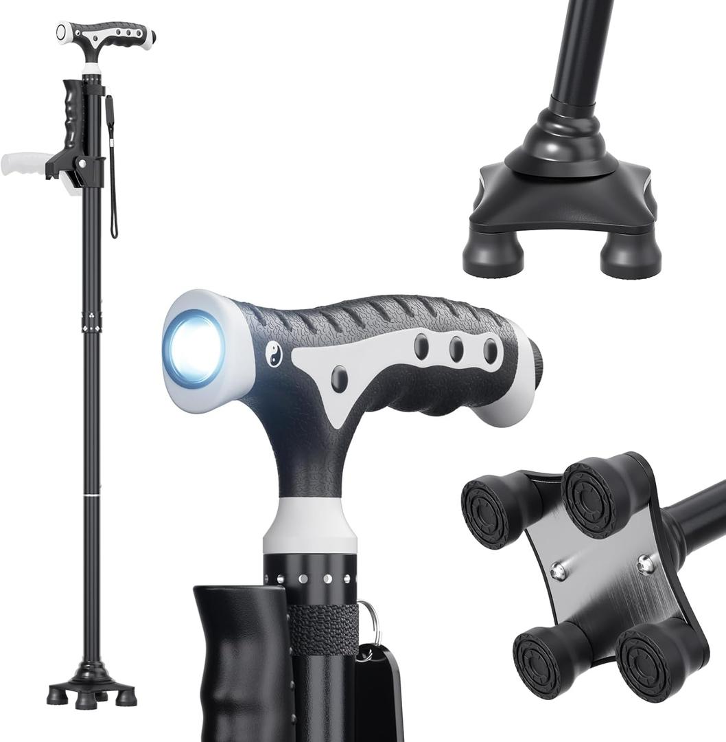 Hold 440 lbs Walking Cane for Seniors Aluminum Alloy Lightweight Height Adjustable Walking Stick Heavy Duty Foldbale Free Standing Cane with LED for Men and Women Adults, 38"
