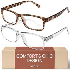 Gaoye 2-Pack of Reading Glasses - Blue-Light Filter, UV Protection - Readers with Rectangle Frames (Bright Leopard + Clear)
