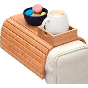 Sofa Arm Tray Table with Cup Holder, Bamboo Couch Armrest Organizer for Remote, Phone, Snacks, Foldable Non-Slip Couch Arm Table Fits Most Sofas, Couches and Recliners