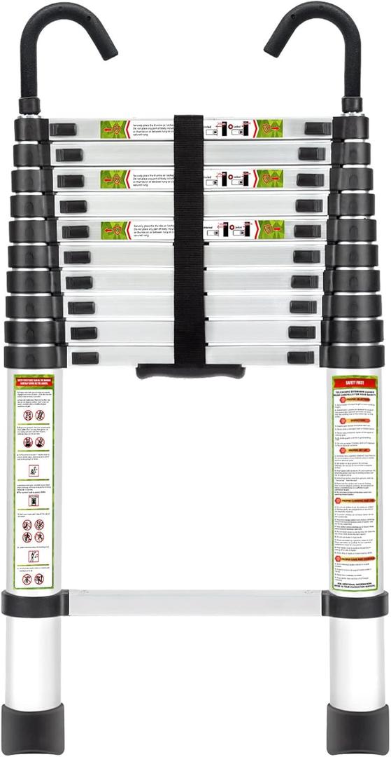 RIKADE Telescopic Ladder, 10.5 ft Aluminum Telescoping Ladder with Non-Slip Feet and Stable Hook, Portable Extension Ladder for Household and Outdoor Working, Max Load 330 lb, Aluminum
