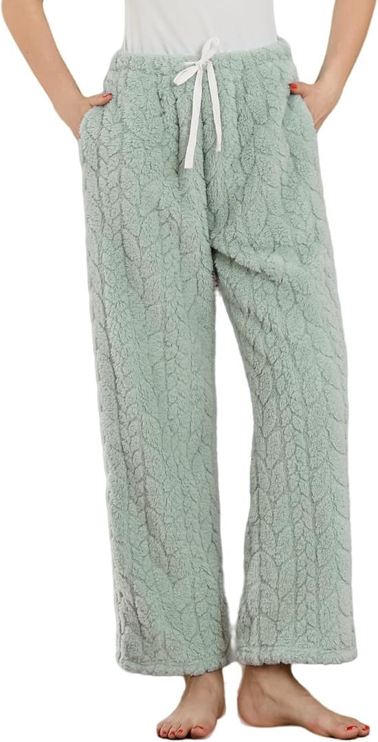 LYCY Fluffy Pajama Pants for Women, Comfy Fuzzy Pj Bottoms with Pockets Drawstring Fleece Sleepwear Soft Winter (XX-Large, Dark Green)
