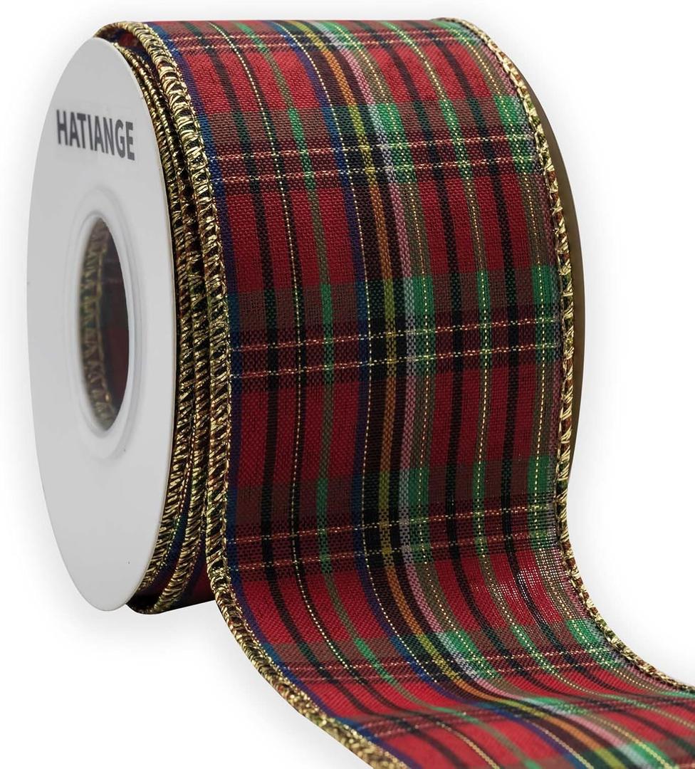 HATIANGE Christmas Wired Edge Plaid Ribbon Red Green Gold Gingham for Christmas Tree Wreath Gift Wrapping, Crafts, and Decorations 2.5" X 11Yards