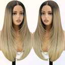 NOSTALGIA Ombre Blonde Wear and Go Glueless Wigs Pre Plucked Pre Cut for Beginners Synthetic Lace Front Wigs With Bangs Blonde Long Layered Straight Wigs