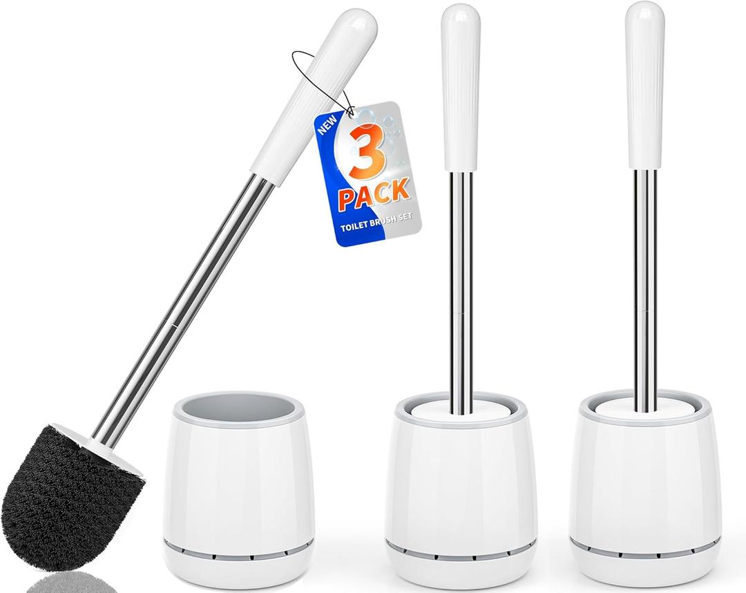 Toilet Brush, Toilet Brush and Holder with 304 Stainless Steel Handle, Space Saving Toilet Bowl Brush for Storage, Durable Bristles Toilet Scrubber for Bathroom Cleaning (3, White)