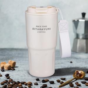 20oz Minimalist Coffee Mugs with Carry Strap, Coffee Tumbler Leak-Proof Stainless Steel Vacuum Insulated Travel Mug Cup with Lid for Hot and Cold Drinks-White