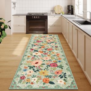 DUKINO 2.6x8 Kitchen Runner Rug for Hallway, Washable Runner Rug with Non Slip Backing, Low Pile Soft Boho Floral Carpet for Hallway, Kitchen, Entryway, Laundry, Bedroom, Green