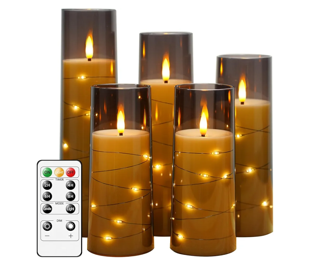 kakoya Flameless LED Candles with Timer 5 Pc Flickering Flameless Candles for Romantic Ambiance and Home Decoration Stable Acrylic Shell,with Embedded Star String，Battery Operated Candles,(Grey）
