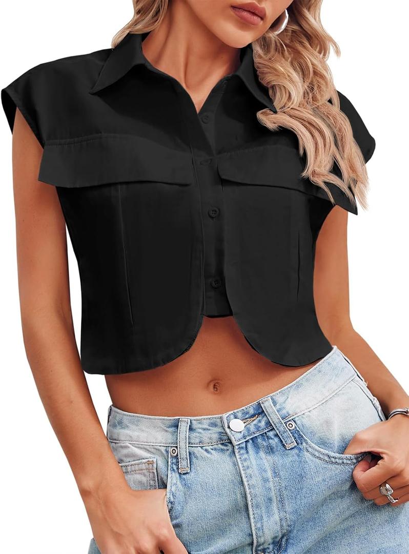 Tankaneo Womens Button Down Shirts Cute Summer Cap Sleeve Crop Tops Blouse (Black, XL)