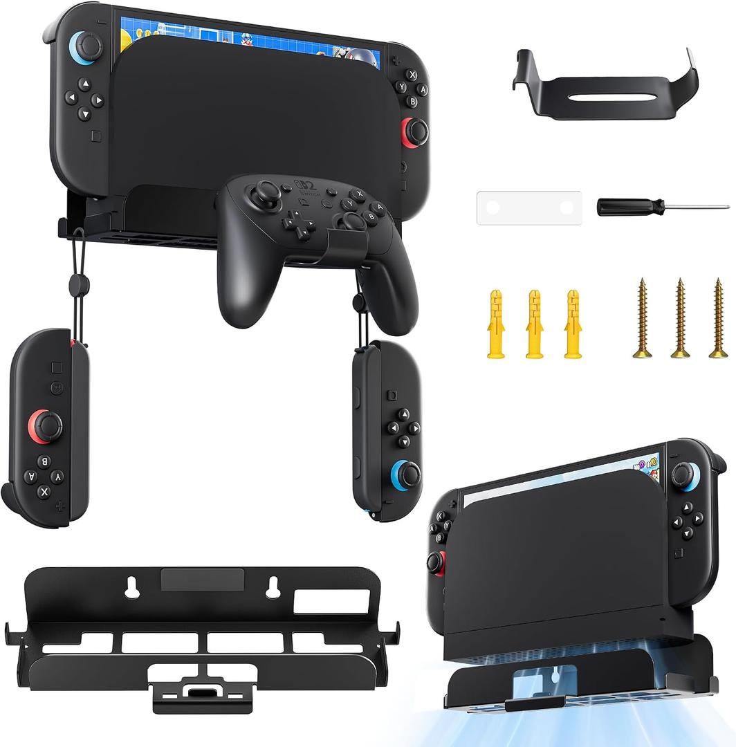GLDRAM Wall Mount Stand for Nintendo Switch 2/NS/OLED, Metal Wall Mount Suspension Holder Shelf with Hanging Hoods Storage Brackets for Joncon & Pro Controller Accessories - Safely Near or Behind TV